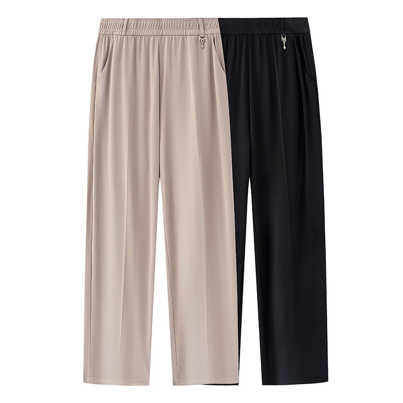 Mom's New Summer Pants for Outdoor Wear, High-Waisted, Elastic Waist, Straight-Leg Pants for Middle-Aged and Elderly Women, Versatile Ice Silk Cropped Pants