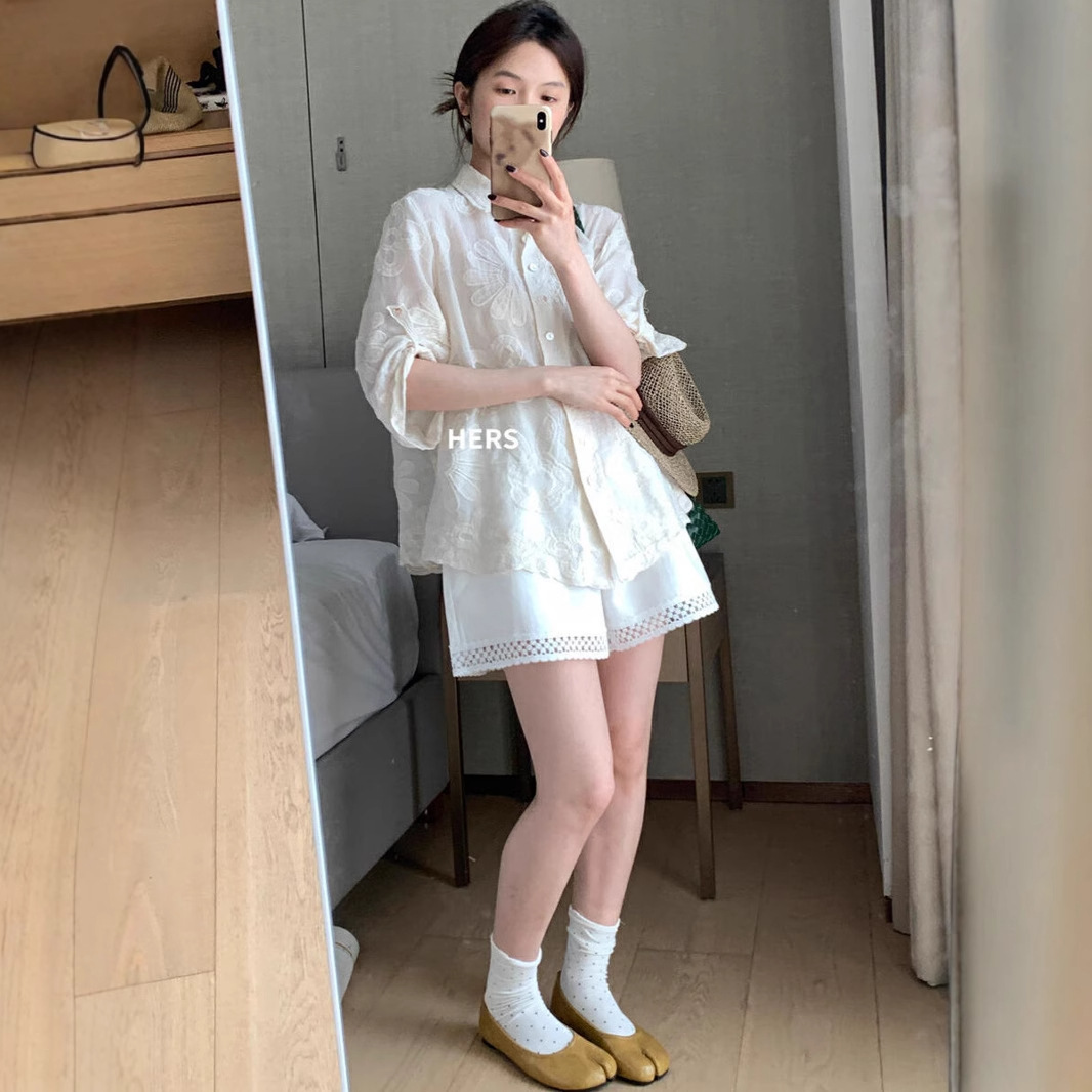 Hers 2025 verano camisa tridimensional de crochet de encaje de la industria pesada delgada camisa de protección solar de manga de cinco puntos para mujer top 20707