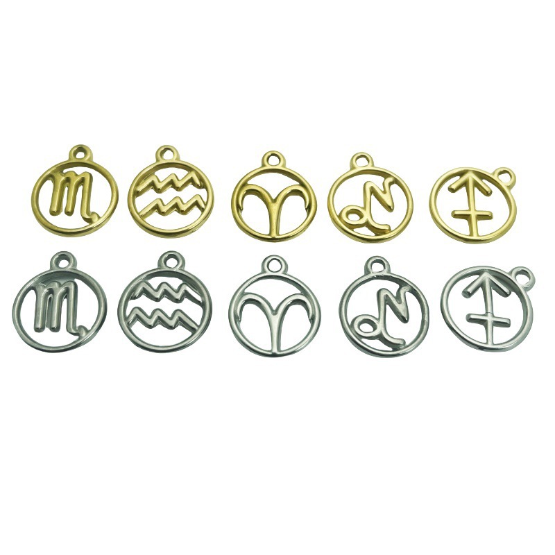 跨境镂空十二星座饰品配件不锈钢油压镀18k金挂件diy项链手链吊坠