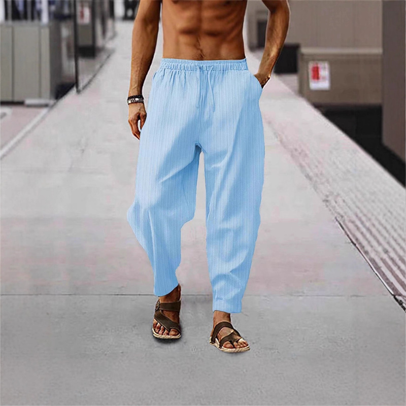 Foreign Trade Amazon Aliexpress European and American Men's Long Pants Hip-Hop Breathable Cotton Linen Striped Loose Casual Sports Pants Foreign Trade Amazon Aliexpress European and American Men's Long Pants Hip-Hop Breathable Cotton Linen Striped Loose Casual Sports Pants