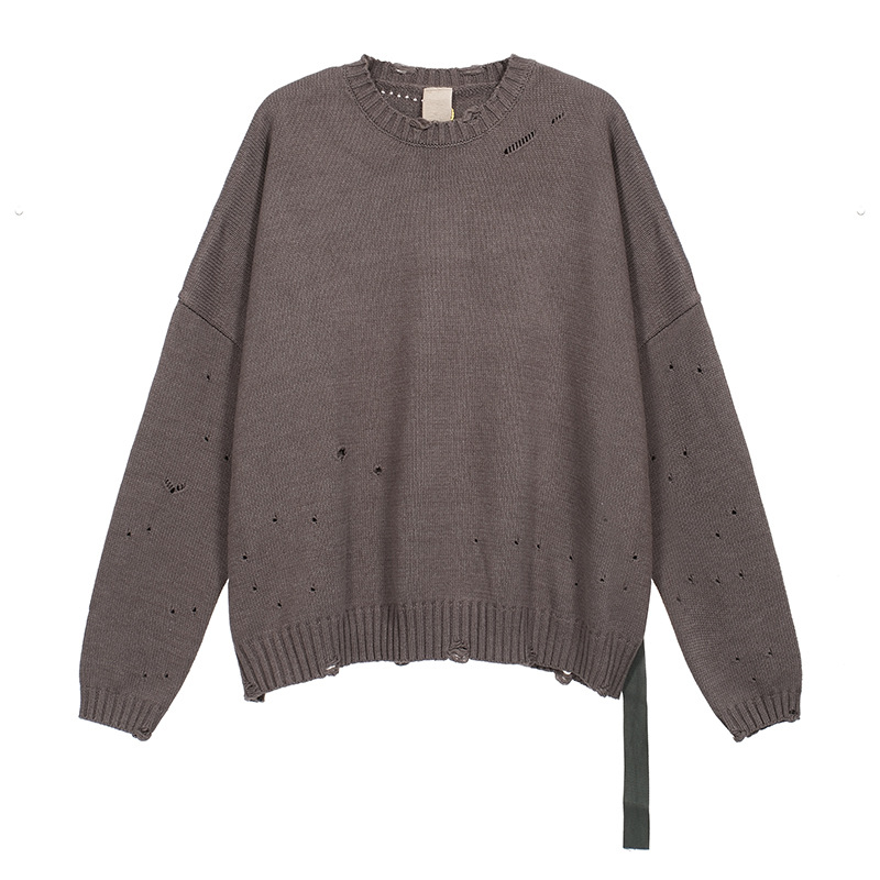 Estilo coreano flojo del todo-fósforo Undermycar apenado rasgado color sólido cuello redondo jersey de los hombres y las mujeres del mismo suéter de punto