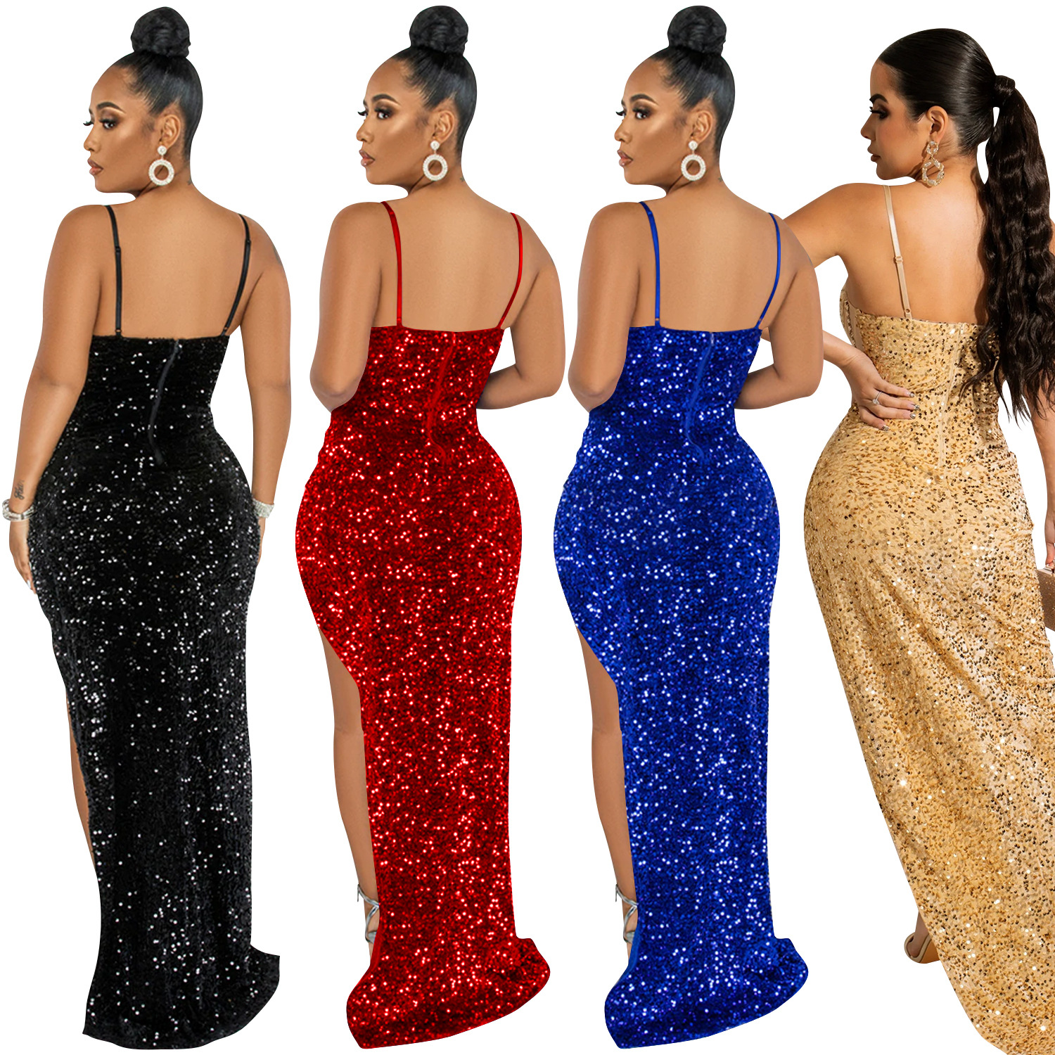 X5843 AliExpress Amazon moda europea y americana Sling cuentas malla transparente irregular split vestido de las mujeres image 6