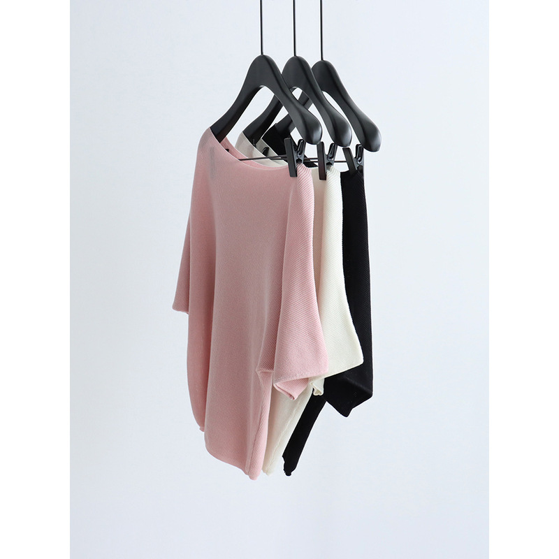 Off-Shoulder One-Shoulder Neckline Summer Tencel Lyocell Knit Short-Sleeve Relaxed Fit Pullover Thin Top for Women