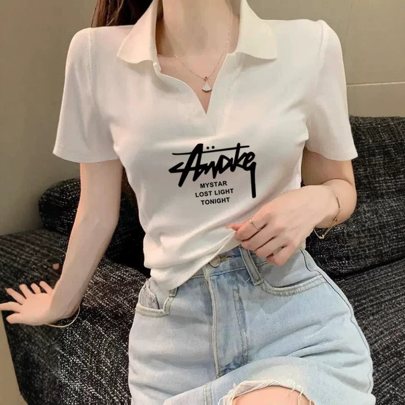 Cotton Collared Ribbed Short-Sleeve Shirt for Women, Summer French Style, Slim Fit, Versatile Short Top
