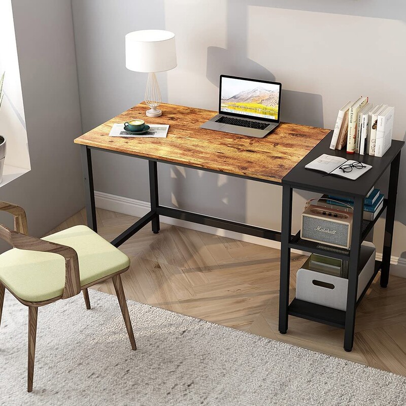 Retro Wood-Grain Computer Desk with Side Storage Shelves, Steel-Wood Integrated Desk, Home Student Office Desktop Study Table Retro Wood-Grain Computer Desk with Side Storage Shelves, Steel-Wood Integrated Desk, Home Student Office Desktop Study Table