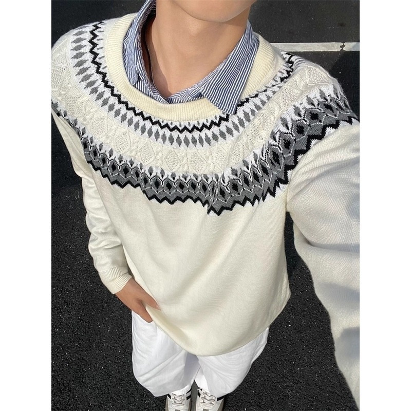 American Retro Fair Isle Crew Neck Knitwear Men's Autumn and Winter Heavyweight High-End Jacquard Boxy Long-Sleeved T-Shirt Knitwear