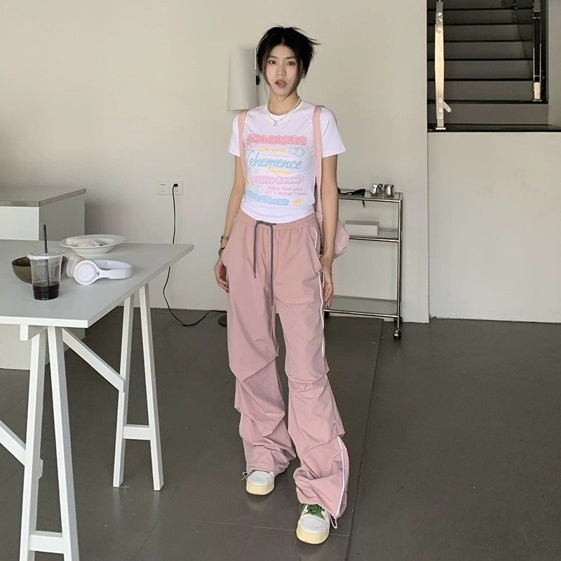 DY804现货2026夏季新款伞兵工装裤女美式显瘦设计感褶皱阔腿裤子
