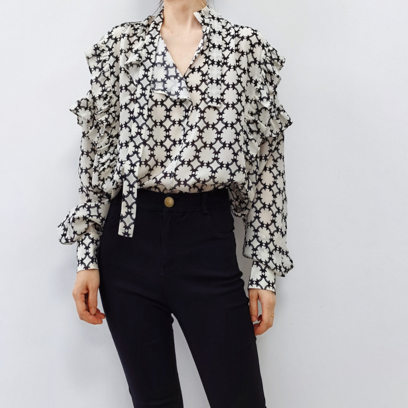 Manufacturer's Special Offer: French-Style Ruffled Pullover Silk Shirt for Women, Long-Sleeve Tie-Waist Loose Printed Blouse