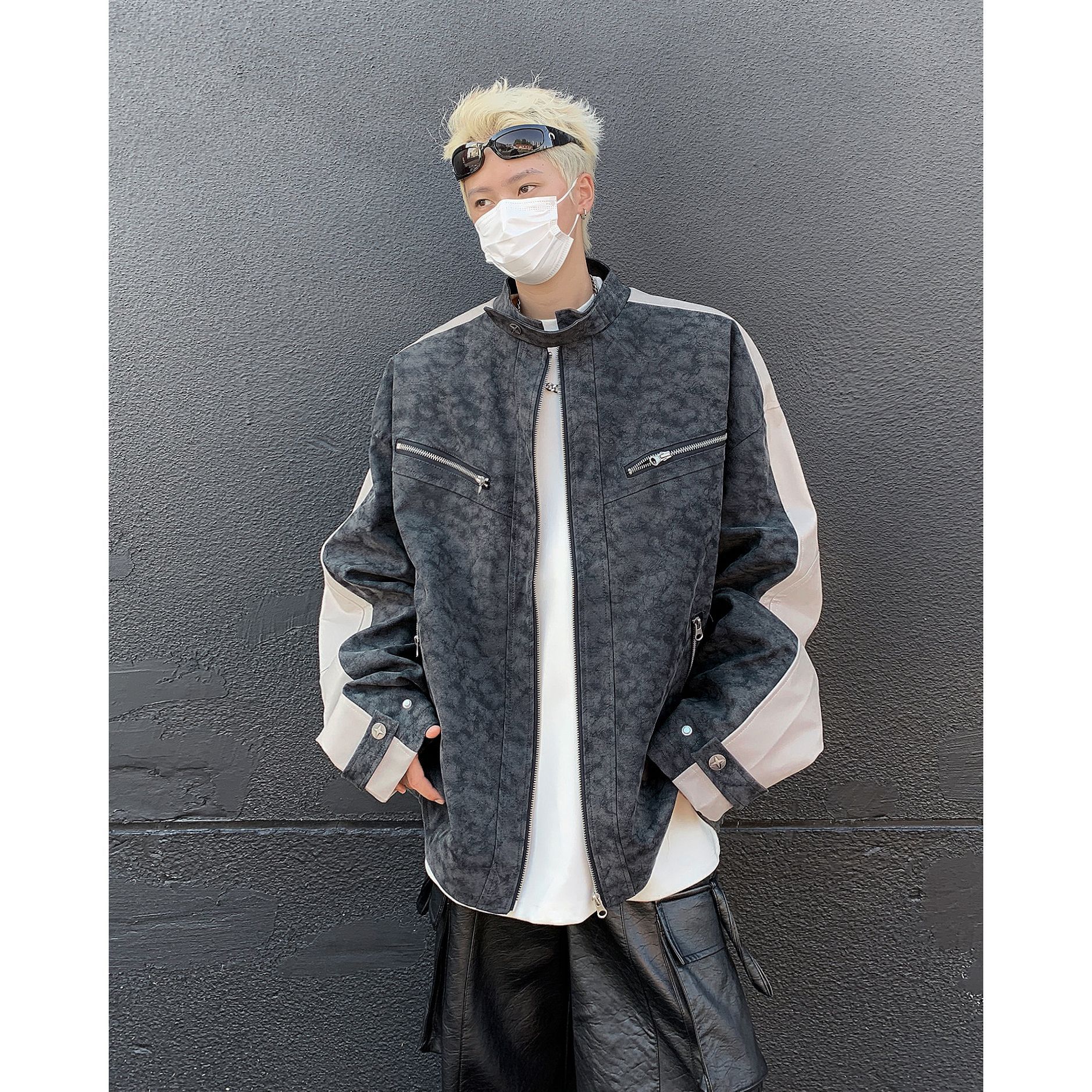 Vintage Texture Vintage Trendy Motorcycle Contrasting Splicing Jacket Jacket_voghion.com