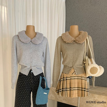 WGWE古着上瘾2025秋冬韩系温柔风宽松百搭毛领针织开衫女装W8036