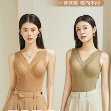 蚕丝德绒保暖背心女羊绒加绒加厚本命年大红色文胸带胸垫上衣冬季