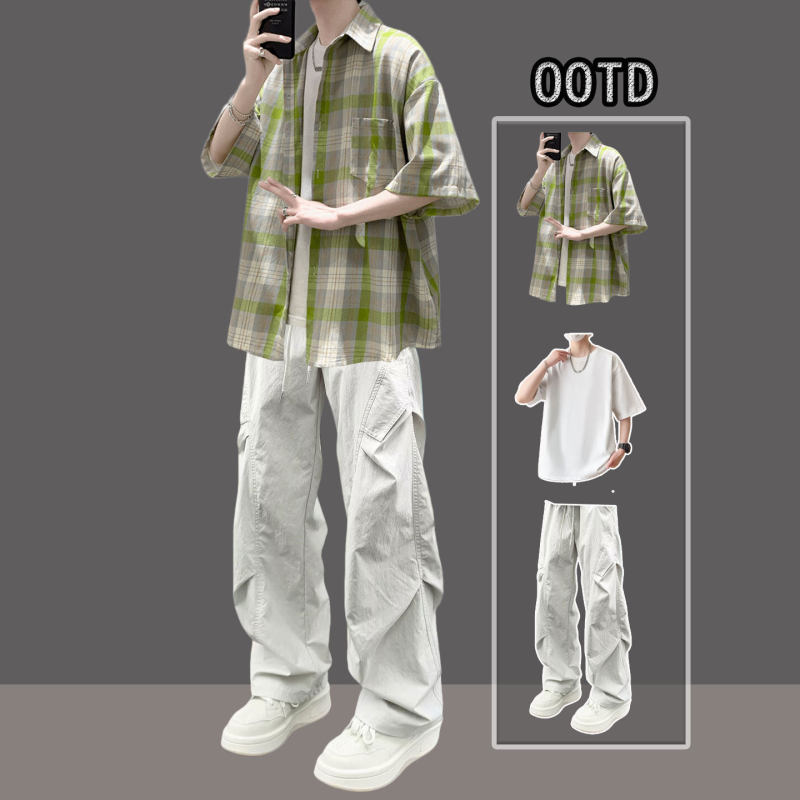 Summer Cool Casual Suit for Men, Trendy Short-Sleeved Shirt, Stylish Thin Outfit for Teenagers, Complete Set