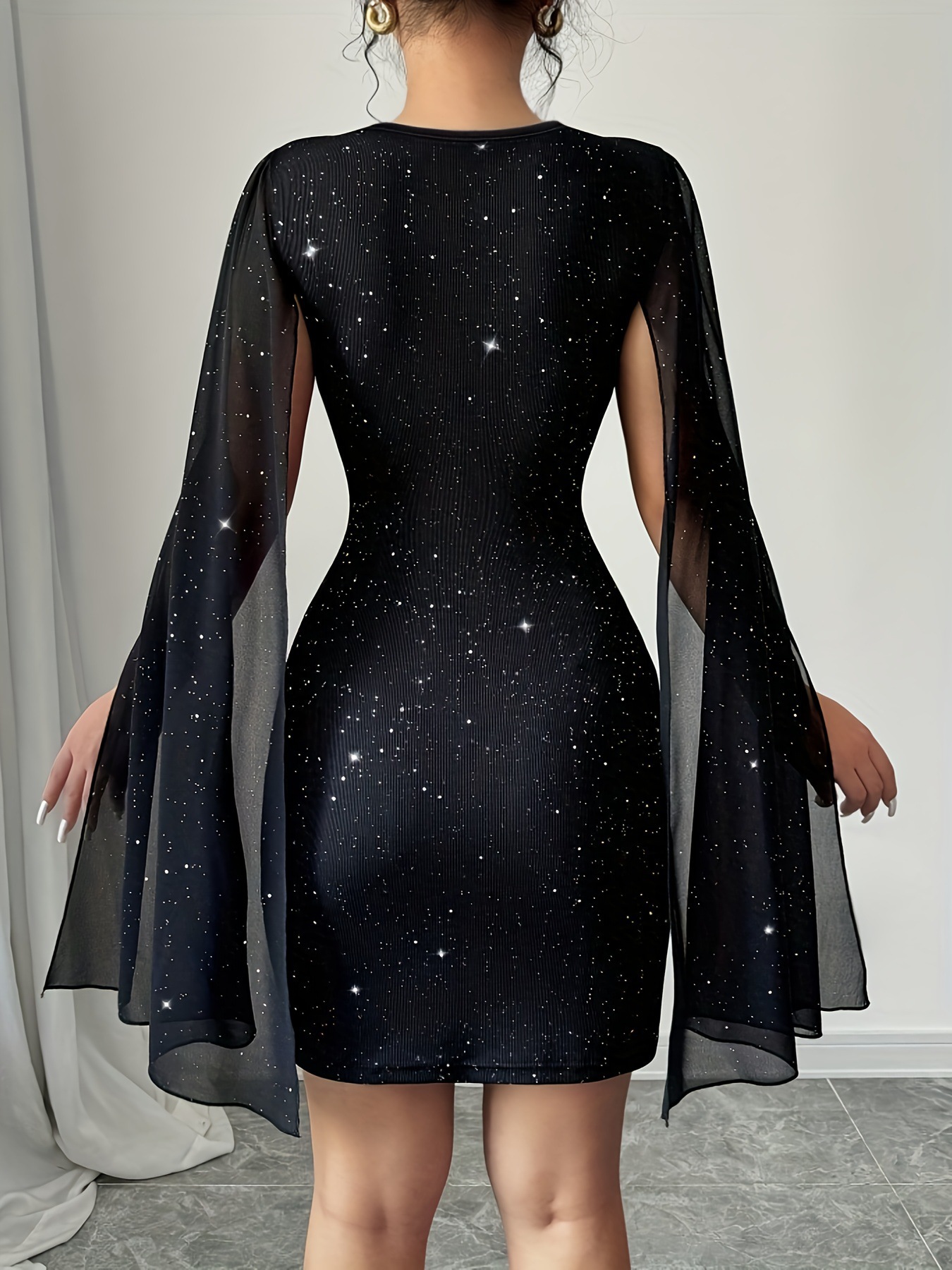 Women's Round Neck Ribbed Pearl Chiffon Cape Hip Dress European American Style Clothing For Women_ecoleips.com