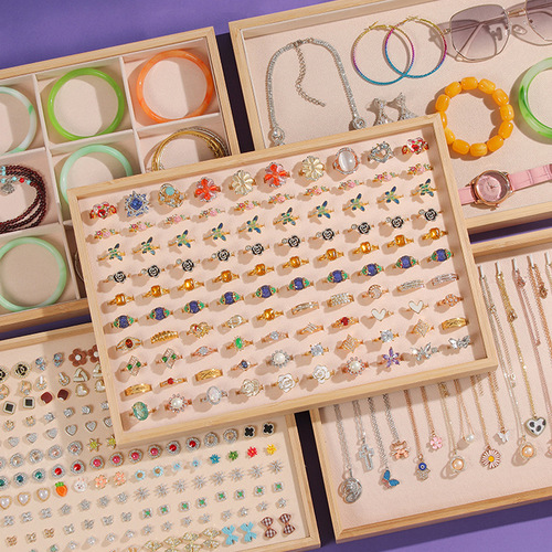 Bamboo wood, beige velvet jewelry display plate, ring necklace, ear replacement jewelry counter, night market storage box, earrings