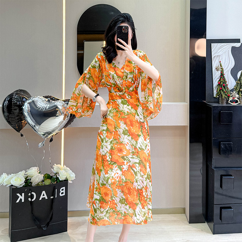 Summer Van Gogh Orange Kite Marigold Jacquard Print Chiffon V-Neck Irregular Dress_ecoleips.com