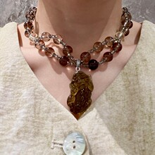茶晶立体貔貅吊坠项链茶色水晶双层串珠锁骨链天然石高级感颈链女