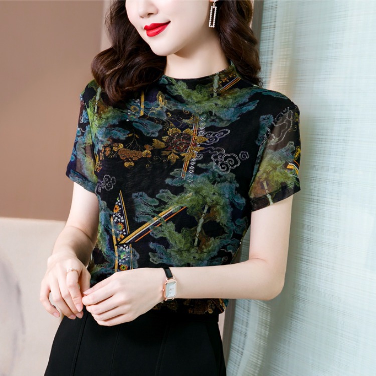 Half a Silk like Short sleeved 2021 summer new pattern Mesh Elastic force mulberry silk Chinese style printing jacket