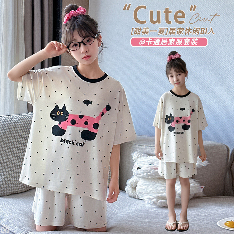 Girls Pajamas Summer 2025 New Junior High School Girls Short-Sleeved Shorts Suit Girls Big Children Fashionable Home Clothes Thin