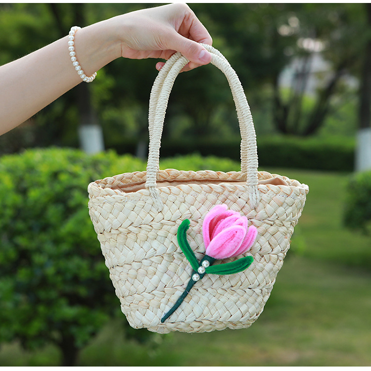 Women's Straw Flower Cute Vacation Streetwear Weave Bucket String Straw Bag display picture 8