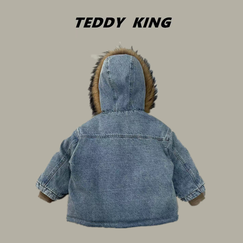 Teddyking子供服中小子供冬新品真毛襟厚手デニムジャケット90パイル極寒ダウンジャケット|undefined