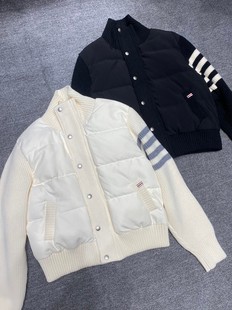Xiaozhong New Stand Collar Cuff Stitching Knitted Three-Bar Embellished Slim Warm Double Zipper Down Jacket