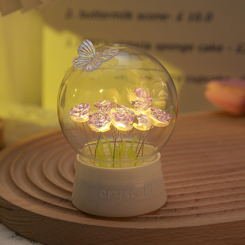 Bola de cristal, flor de rosa, tulipán, luz nocturna, red roja, luz de ambiente de bricolaje, regalo de cumpleaños para novios, día de San Valentín