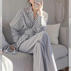 2025春秋时尚新款盐系轻熟风干练气质又a又飒条纹收腰衬衫阔腿裤