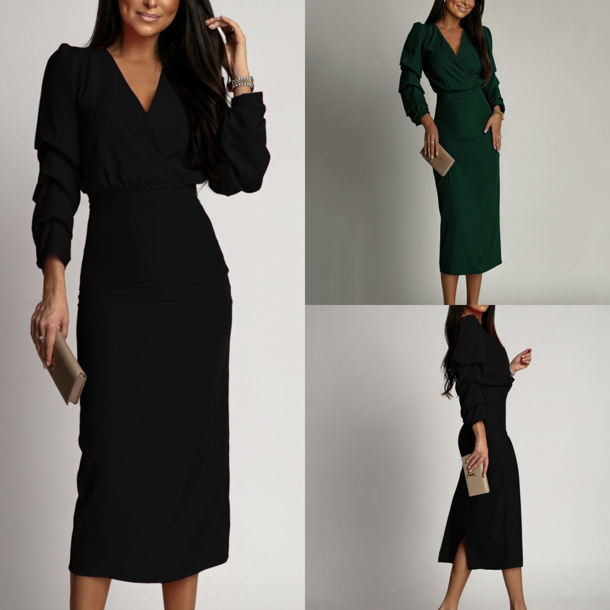 2024 Amazon Independent New Autumn and Winter Solid Color Long Sleeve Elegant V-neck Evening Dress Split dress