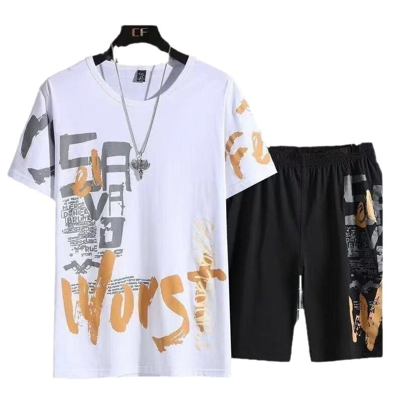 2025 juego deportivo delgado de tamaño grande en stock de verano hombre gordo cuello redondo verano coreano manga corta pantalones cortos casuales negros