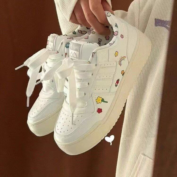 Campus Style Cute Printed White Shoes Girl's 2025 Spring New Ins Trendy Trendy High-Value Leather Panel Shoes