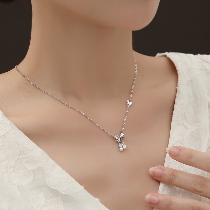 S925 Silver Bow Clavicle Necklace Girl's Bead Pendant Simple Design New Chinese Style Autumn and Winter Style