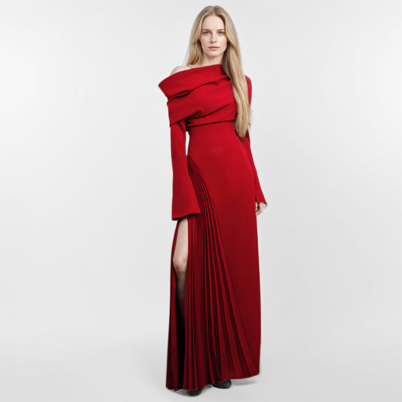 Heavy-duty Pleated Stitching Slit Red Dress Long Dress Women's Irregular Single off-shoulder Oblique Collar Long-sleeved Elegant dress