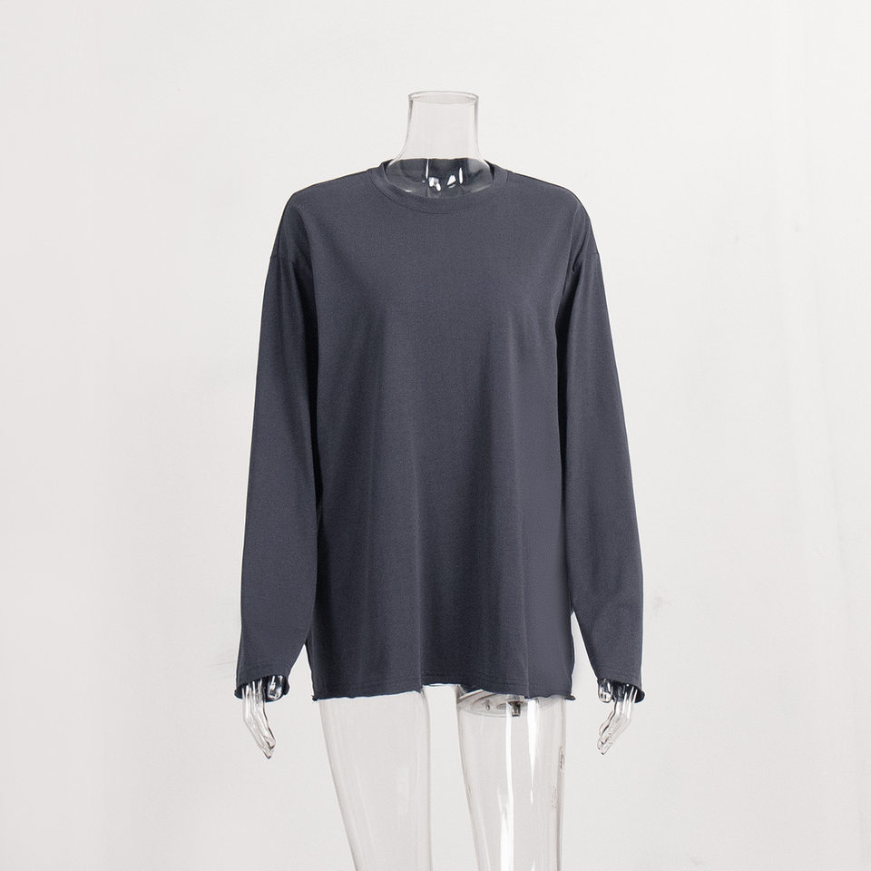 Áo thun nữ cotton 100% cổ tròn tay dài form rộng màu trơn — Màu cà phê, Màu hồng, Màu mơ, Màu trắng chi tiết 38
