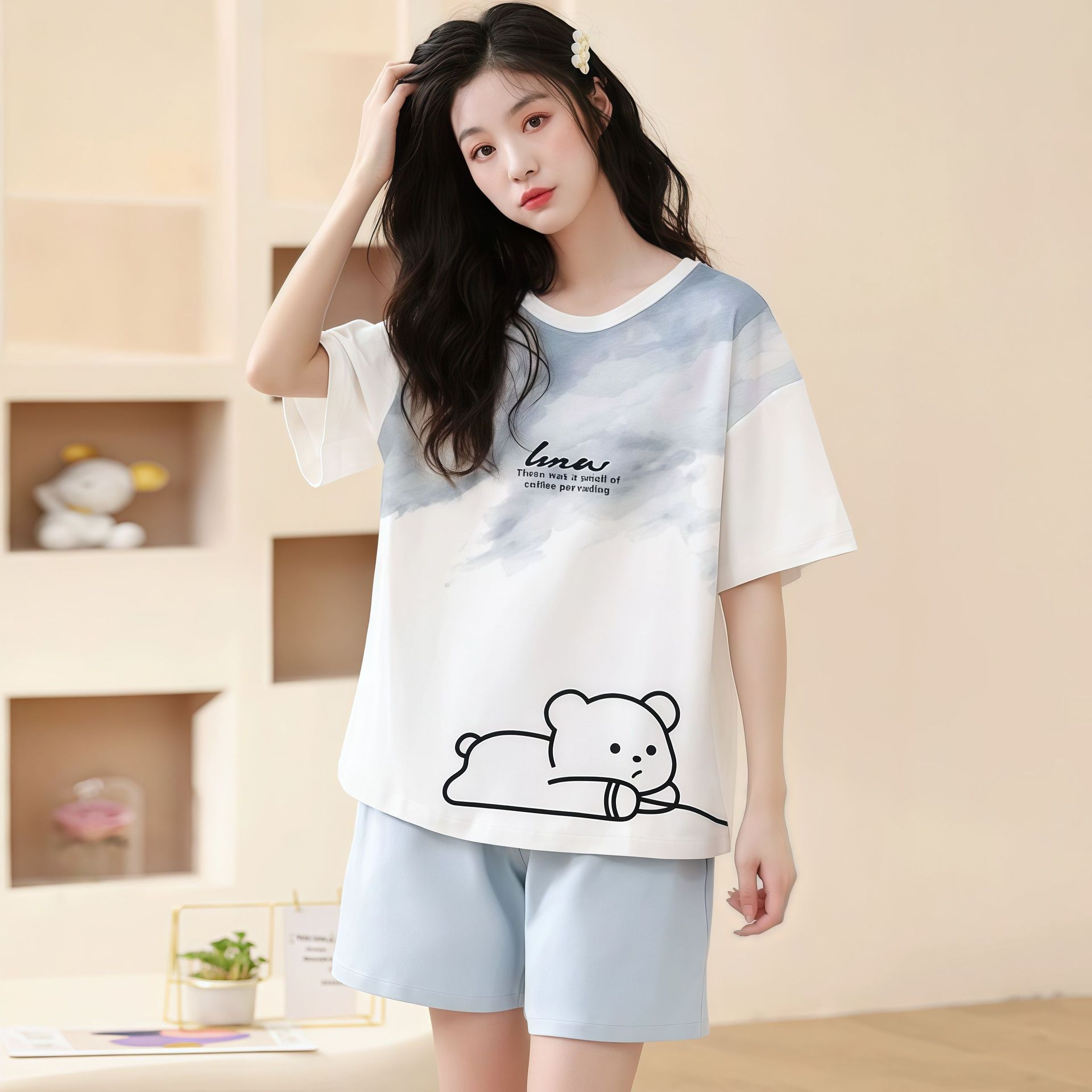M - 5XL pijama de verano de mujer pantalones cortos de manga corta explosión se puede usar chaqueta de dibujos animados encantador conjunto de ropa para el hogar coreano