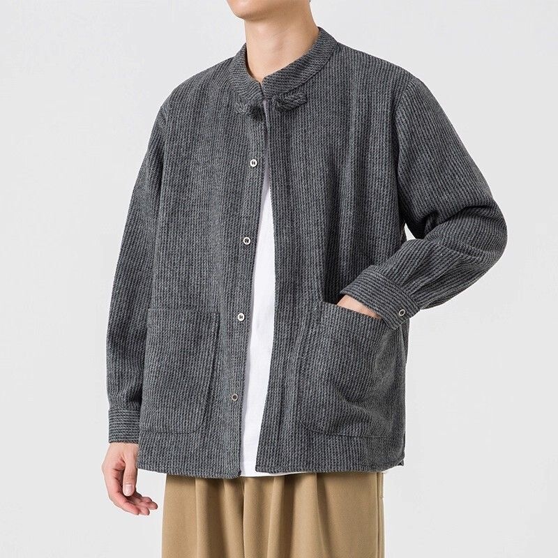 Stand Collar Jacket, Spring and Autumn Chinese Style Corduroy Youth Zhongshan Suit, Large Size Men's Tang Suit Shirt Stand Collar Jacket, Spring and Autumn Chinese Style Corduroy Youth Zhongshan Suit, Large Size Men's Tang Suit Shirt