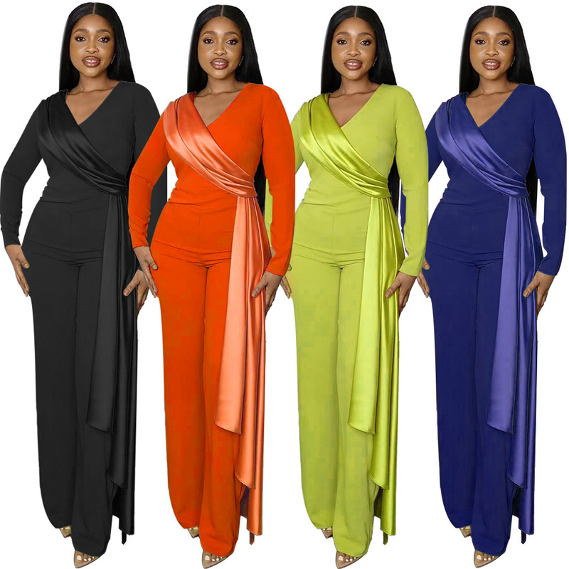 9884 Cross-border Europe and America Amazon Long-sleeved V-neck Temperament Waisted Dress Spring and Autumn Slim-fit Women's Straight Jumpsuit