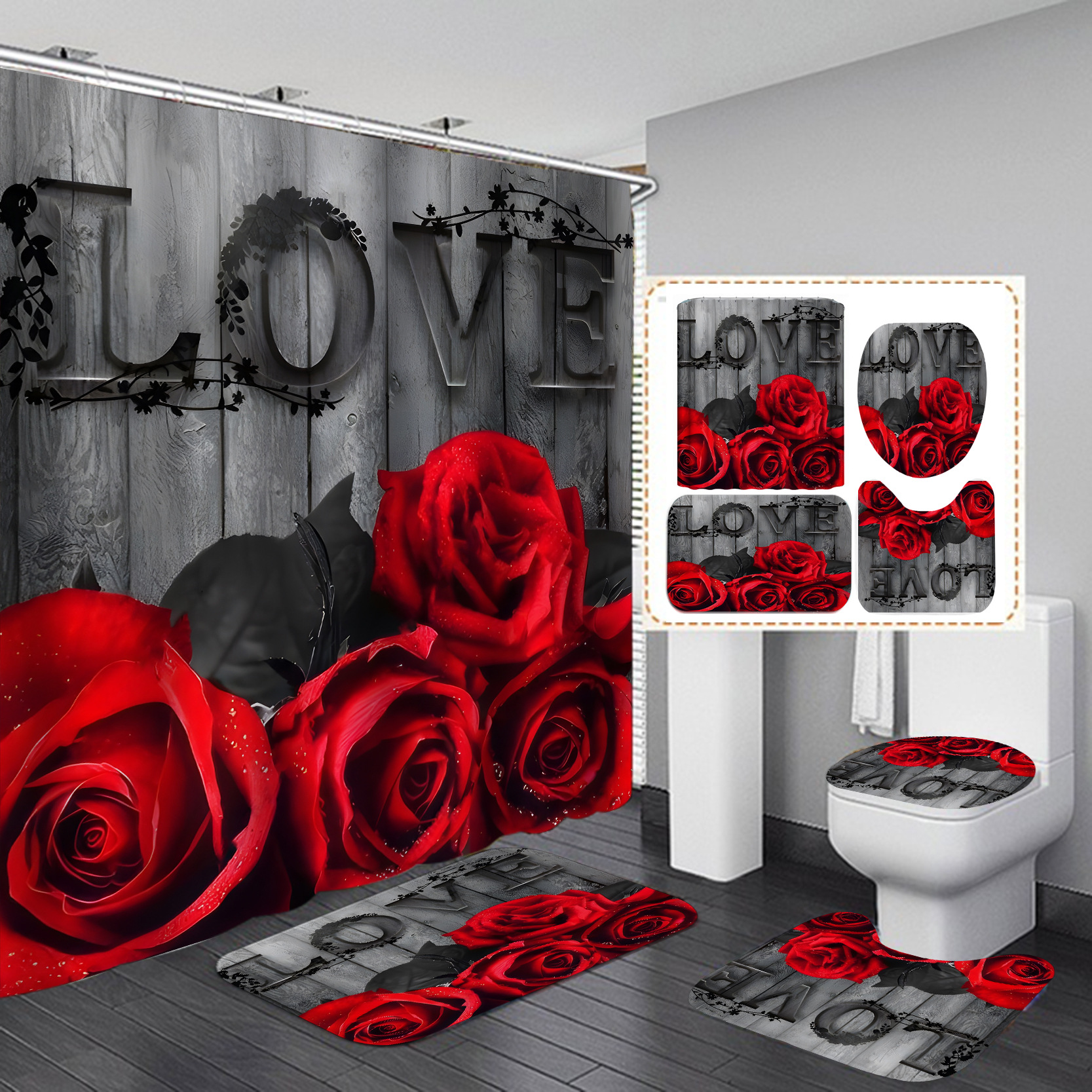 Cortina de baño de secado rápido impermeable inodoro alfombra de suelo conjunto de baño transfronterizo de cuatro piezas conjunto de impresión de rosas cortina de baño antideslizante