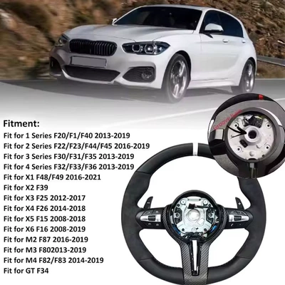 Suitable for BMW F30: Steering wheel - semi-perforated-carbon-fiber-black-fork-with-black-buttons-and-carbon-fiber-long-pick-with-a-notch
