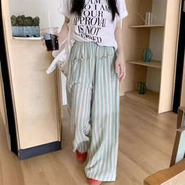 棉麻绿色条纹阔腿裤女夏季慵懒松紧腰休闲裤宽松百搭垂感拖地裤子