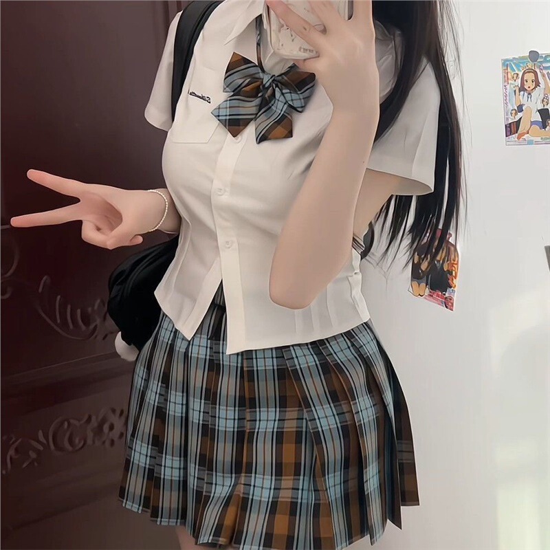 Popular Hot Girl Jk Uniform Japanese Style White Shirt Women's Summer Preppy Style Sweet Original Shirt Pleated Skirt Two-Piece Set Popular Hot Girl Jk Uniform Japanese Style White Shirt Women's Summer Preppy Style Sweet Original Shirt Pleated Skirt Two-Piece Set