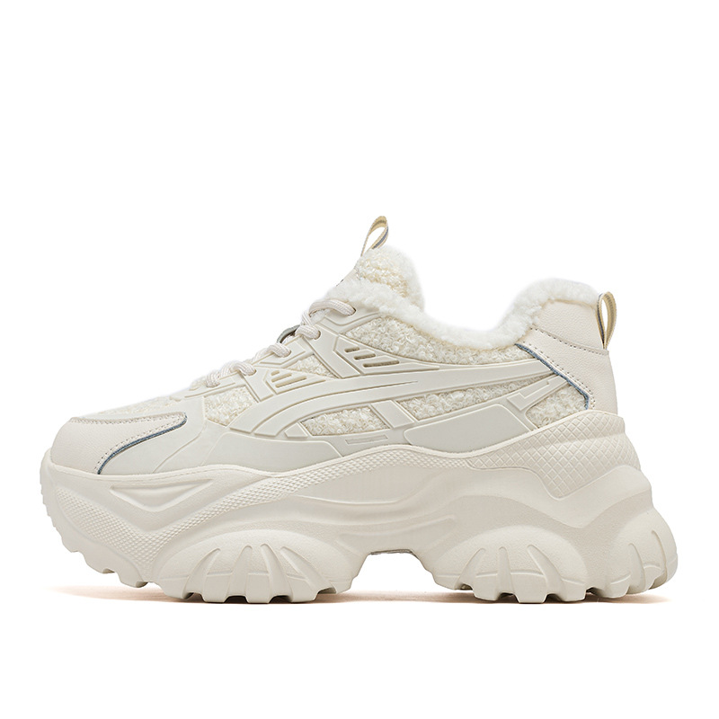 Augu Shi Deng zapatos de fondo grueso para padres y mujeres 2026 nueva primavera deportes blancos de cordero de cachemira zapatos de carrera casuales gruesos