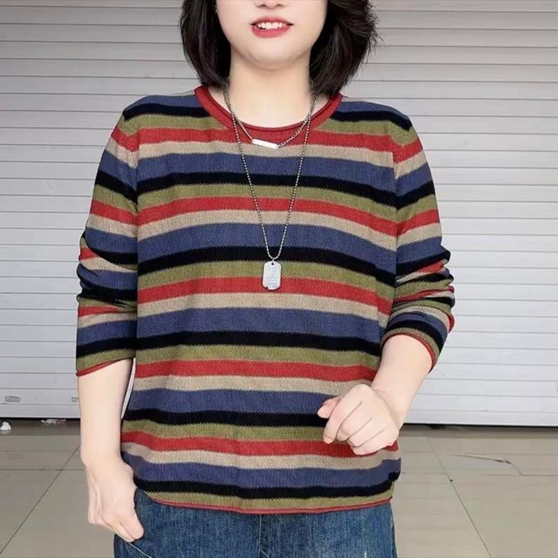 秋季复古慵懒风条纹t恤女漂亮时尚减龄休闲长袖上衣洋气百搭小衫|undefined