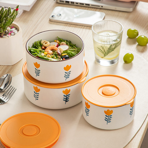 Three-piece set of ceramic fresh-keeping bowls, microwaveable and refrigerated, sealed with lid, household ceramic lunch box, fruit lunch box