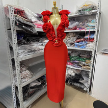 2025年新款夏季欧美时尚高雅显瘦礼服露背红色花朵长款绷带连衣裙