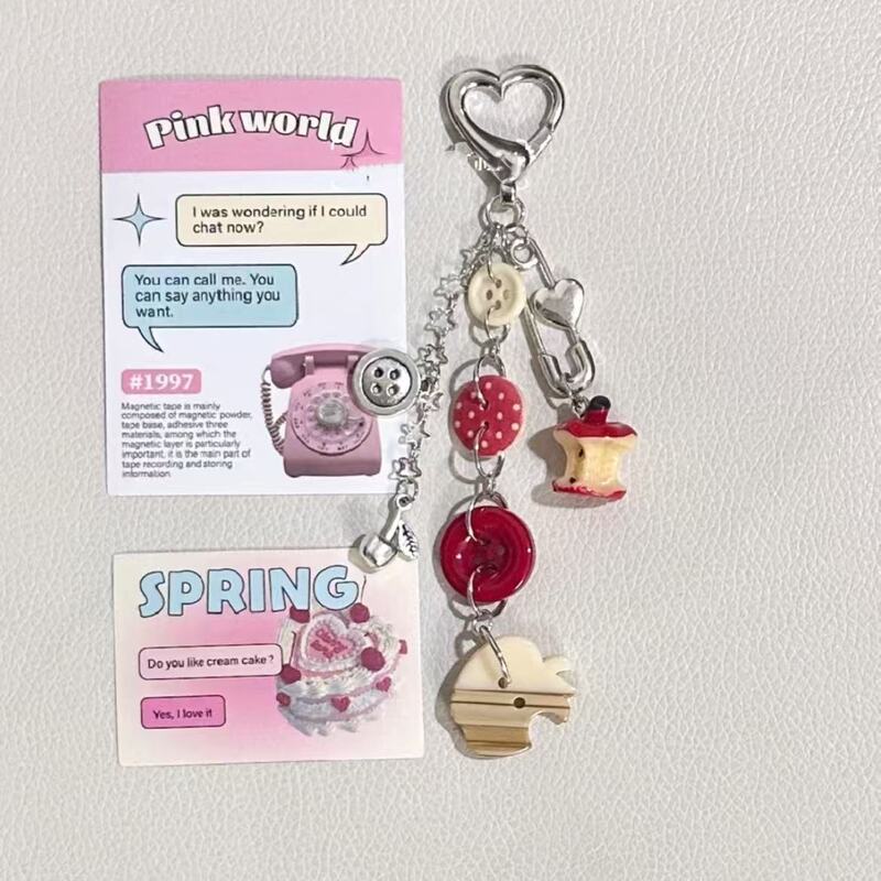 Silver Cherry Button Apple Keychain Gumball Chain Card Holder Cute Apple Core Pendant Heart Decoration
