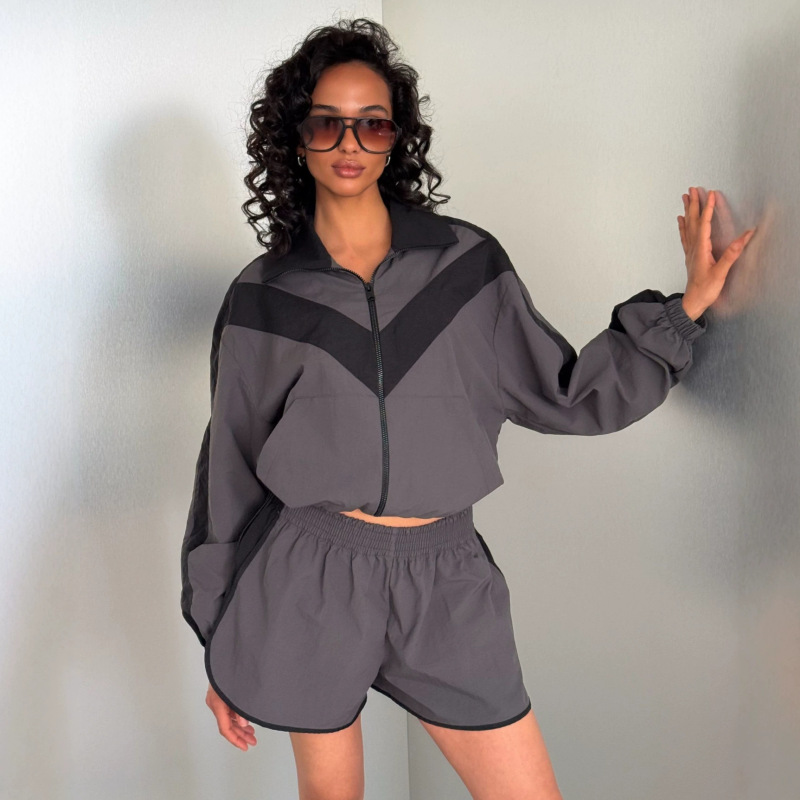 Casual Style Cross-Border Women's Clothing Summer Nylon Color-Blocking Waterproof Fashion Zipper Fold-Down Collar Jacket Elastic Waist Shorts Set Casual Style Cross-Border Women's Clothing Summer Nylon Color-Blocking Waterproof Fashion Zipper Fold-Down Collar Jacket Elastic Waist Shorts Set