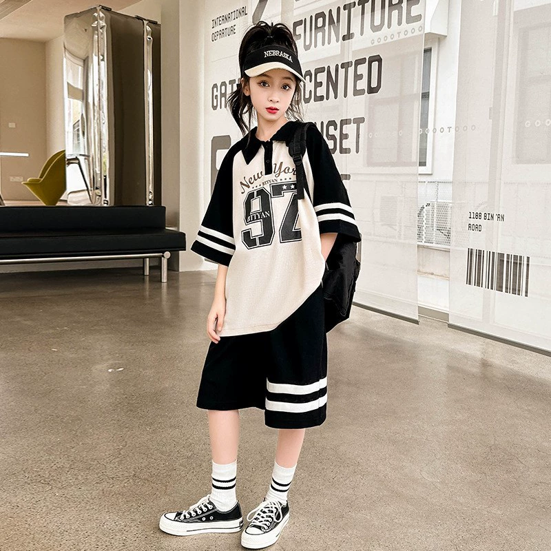 Summer set, uniform, trousers, sports suit, for teenagers, loose fit, with short sleeve