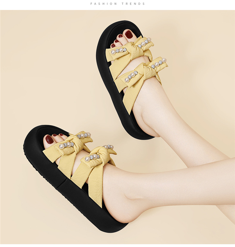 Dép sandal nữ quai chữ V đế dày phong cách Hàn Quốc đính ngọc trai nhỏ — 7228 màu be, 7228 màu vàng chi tiết 7