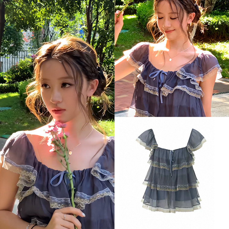 Fan Sun·Xh Korean Style Lace Patchwork Blouse, Dongdaemun Summer New French Sweet Top for Women Fan Sun·Xh Korean Style Lace Patchwork Blouse, Dongdaemun Summer New French Sweet Top for Women