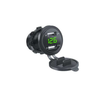 Mobil şarj cihazları Charging Car Charger Suitable - round-dual-usb-with-voltmeter-green-2121a-translucent-waterproof-cover